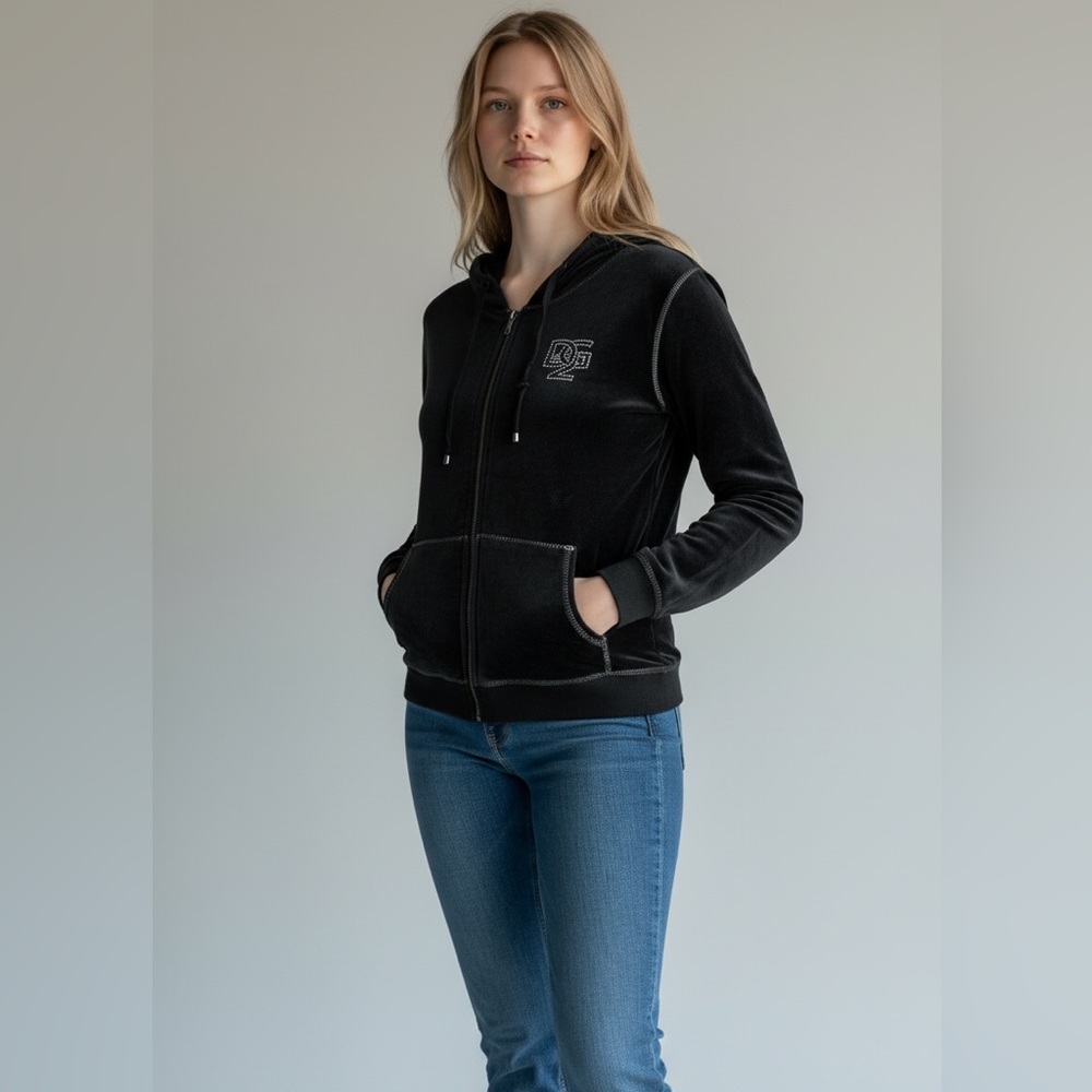 DG2 by Diane Gilman vintage Black velour Zip-Up Hoodie with rhinestones